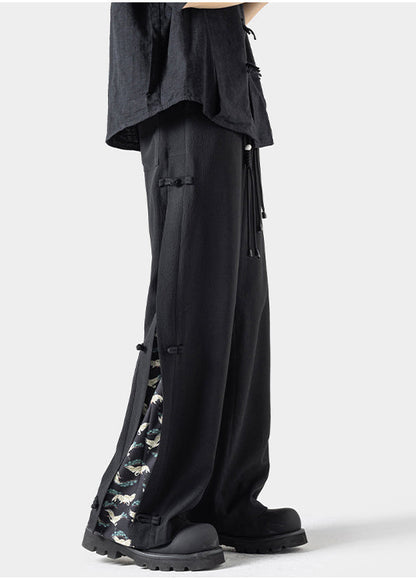 New Dark Grey Chinese Button Ice Silk Straight Leg Pants Summer