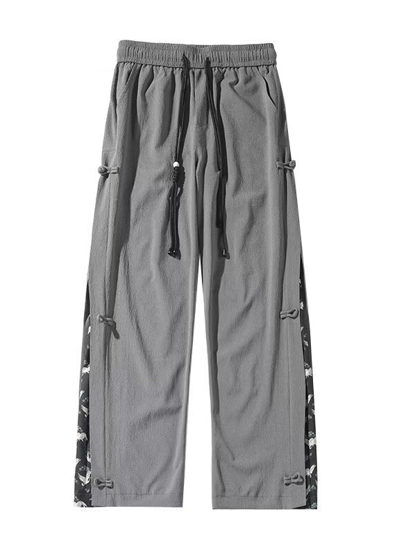 New Dark Grey Chinese Button Ice Silk Straight Leg Pants Summer