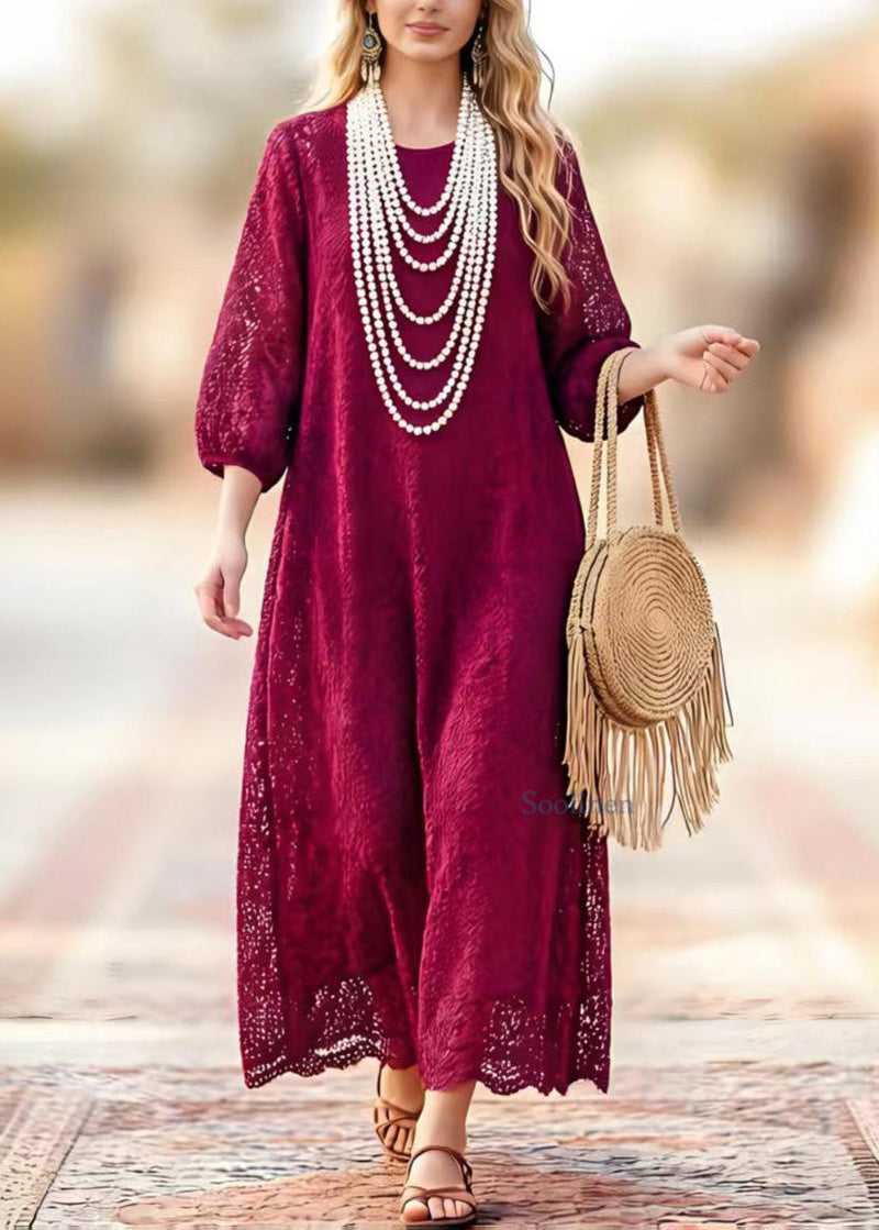 New Dark Purple O Neck Hollow Out Lace Dresses Summer