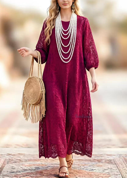 New Dark Purple O Neck Hollow Out Lace Dresses Summer