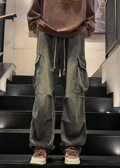 New Denim Blue Wrinkled Pockets Elastic Waist Pants Spring