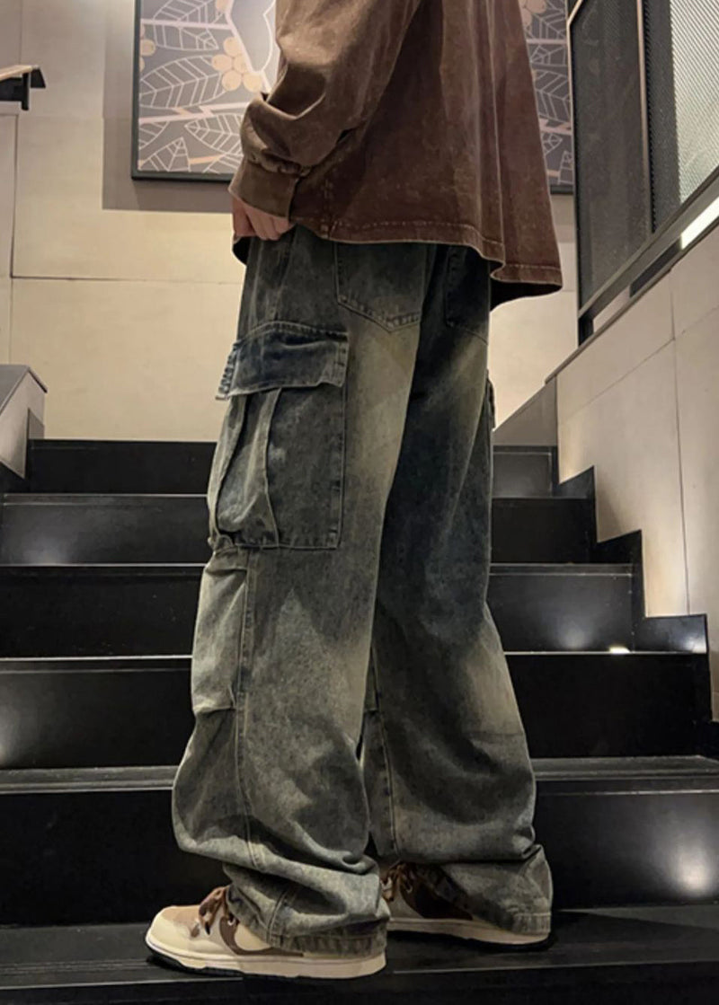 New Denim Blue Wrinkled Pockets Elastic Waist Pants Spring