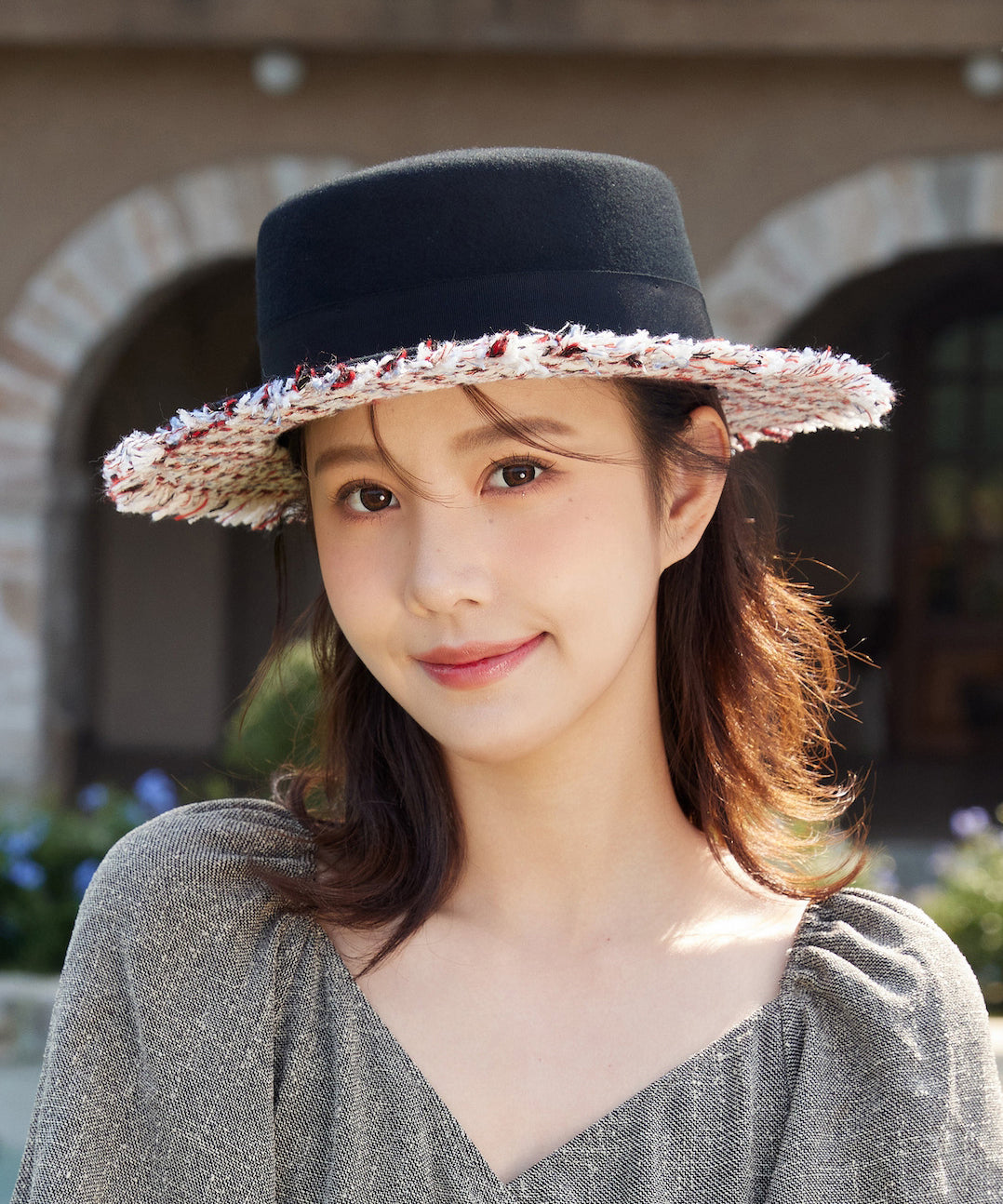 New French Black Applique Wool Cloche Hat