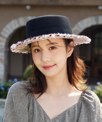 New French Black Applique Wool Cloche Hat