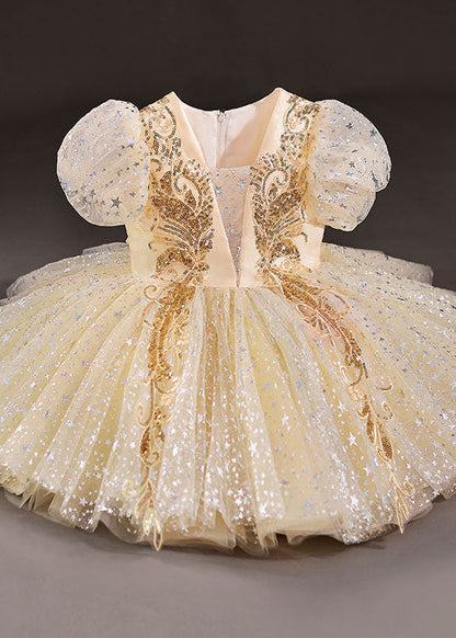New Gold Sequins Wrinkled Bow Patchwork Tulle Kids Party Dress Summer