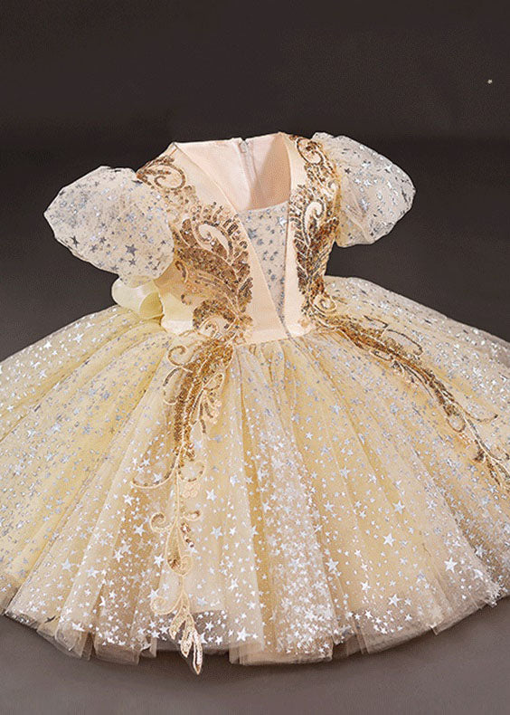 New Gold Sequins Wrinkled Bow Patchwork Tulle Kids Party Dress Summer