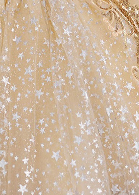 New Gold Sequins Wrinkled Bow Patchwork Tulle Kids Party Dress Summer