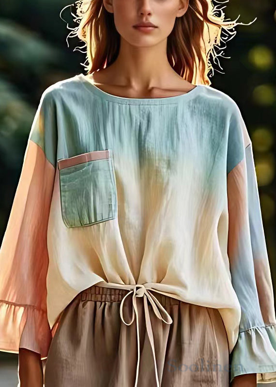 New Gradient Color O-neck Pockets Cotton T Shirts Fall