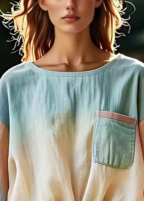 New Gradient Color O-neck Pockets Cotton T Shirts Fall