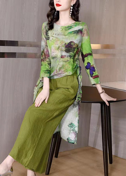 New Green Asymmetrical Print Tops and Wide Leg Pants Patchwork Linen Two Pieces Set Fall