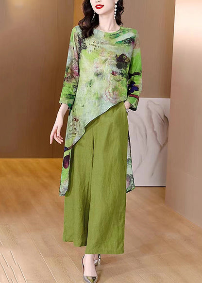 New Green Asymmetrical Print Tops and Wide Leg Pants Patchwork Linen Two Pieces Set Fall