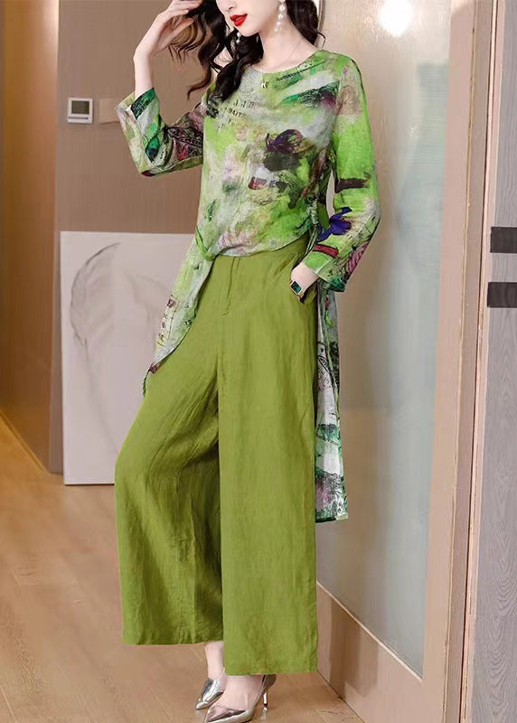 New Green Asymmetrical Print Tops and Wide Leg Pants Patchwork Linen Two Pieces Set Fall