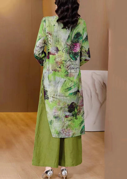 New Green Asymmetrical Print Tops and Wide Leg Pants Patchwork Linen Two Pieces Set Fall