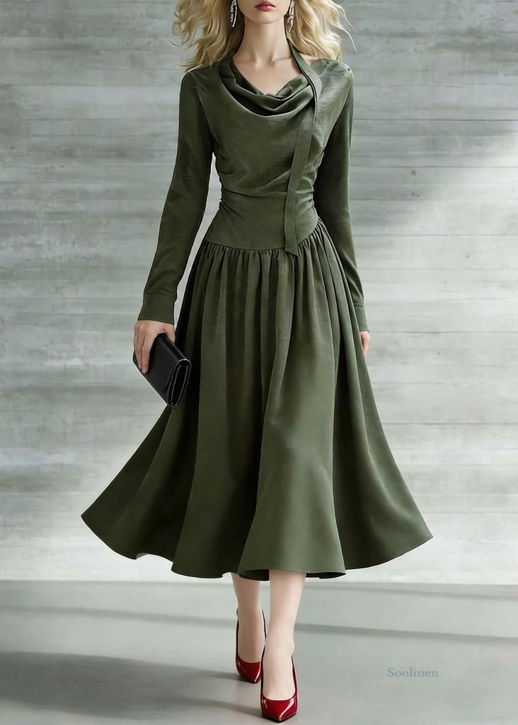 New Green Bow Wrinkled Cotton Long Dresses Spring