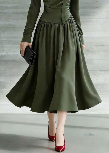 New Green Bow Wrinkled Cotton Long Dresses Spring