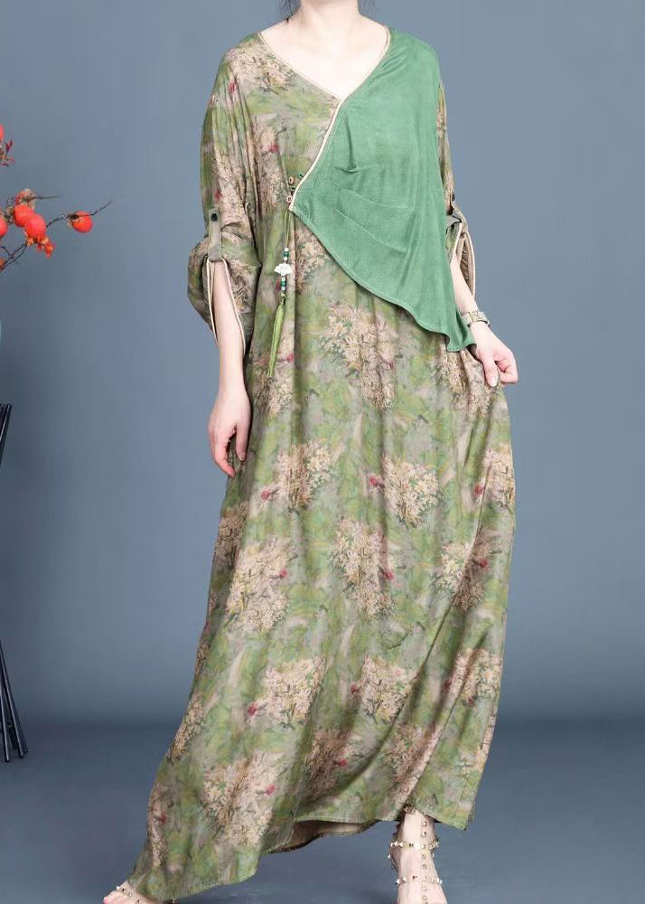 New Green Button Print Patchwork Silk Dresses Spring