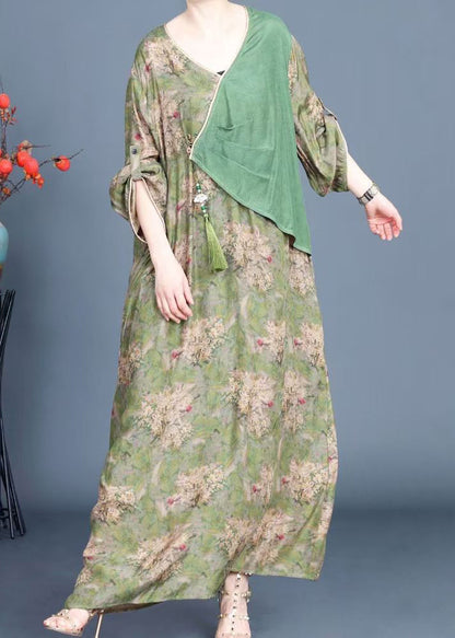 New Green Button Print Patchwork Silk Dresses Spring