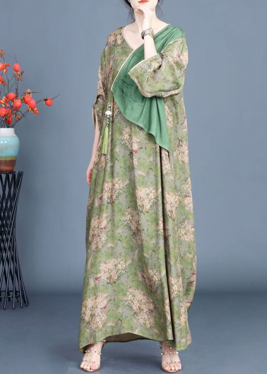 New Green Button Print Patchwork Silk Dresses Spring