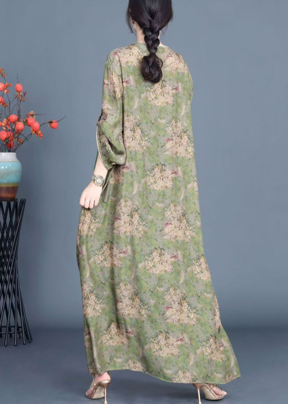 New Green Button Print Patchwork Silk Dresses Spring