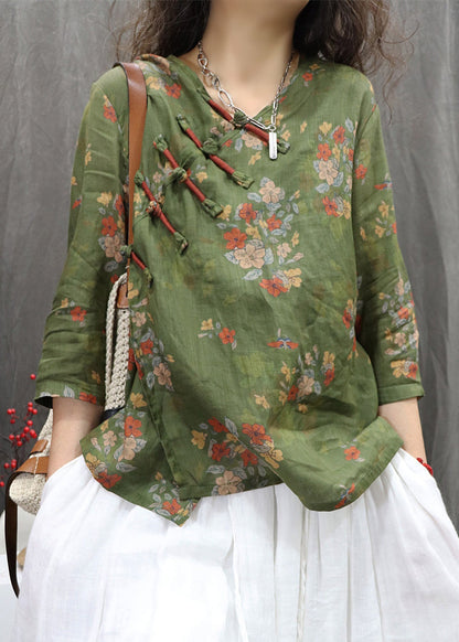 New Green Chinese Button Print Linen Blouses Bracelet Sleeve