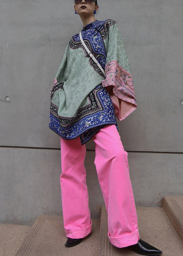 New Green Embroidered Tops and Pink Pants Cotton Two Pieces Set Spring