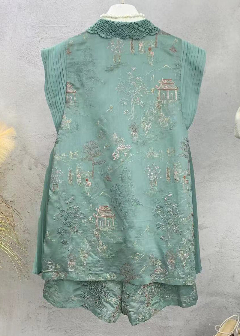 New Green Embroidered Tops and Shorts Cotton Sets 2 Pieces Sleeveless