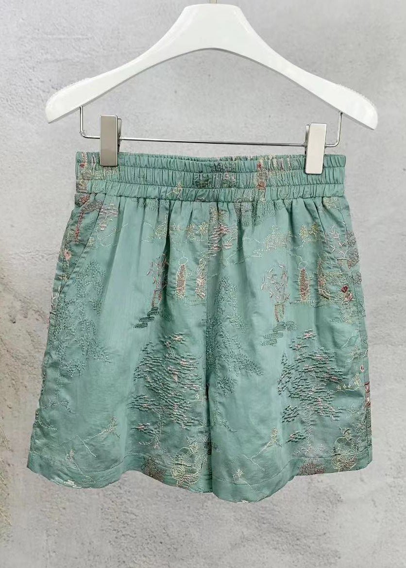 New Green Embroidered Tops and Shorts Cotton Sets 2 Pieces Sleeveless