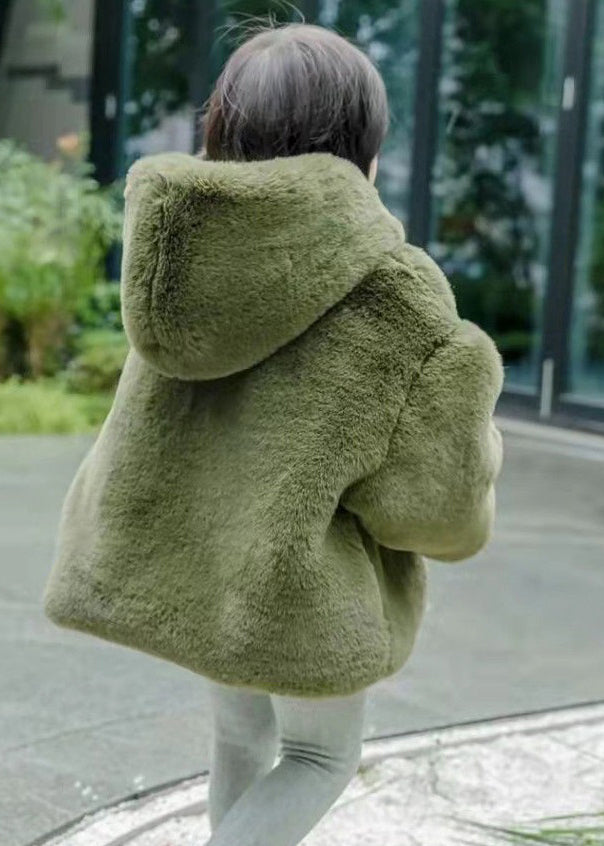 New Green Hooded Button Fuzzy Fur Coat Spring