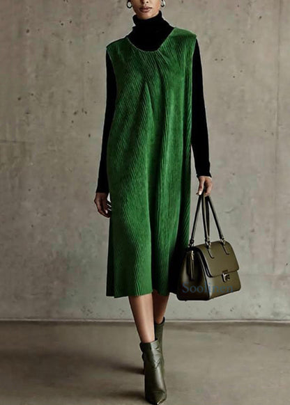 New Green O Neck Corduroy Dress Sleeveless