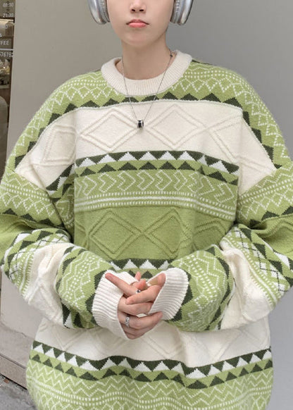 New Green O Neck Cozy Patchwork Knit Sweaters Fall