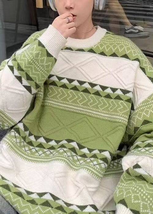 New Green O Neck Cozy Patchwork Knit Sweaters Fall