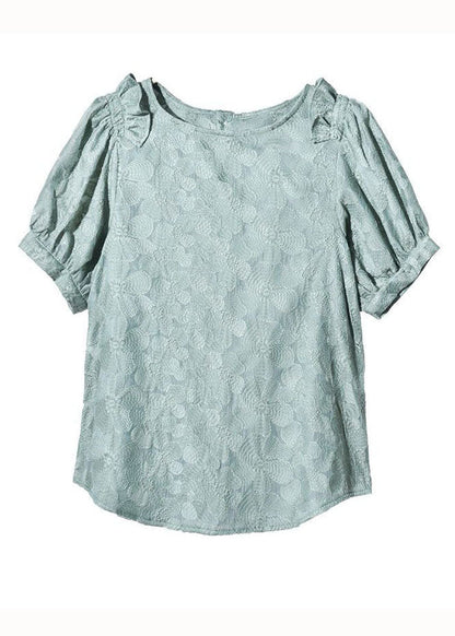 New Green O Neck Ruffled Patchwork Lace Shirt Tops Summer
