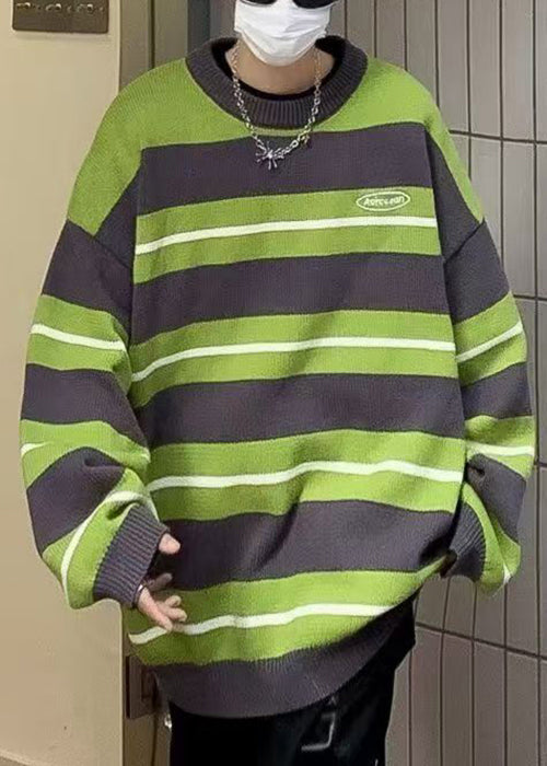 New Green O Neck Striped Knit Sweaters Winter