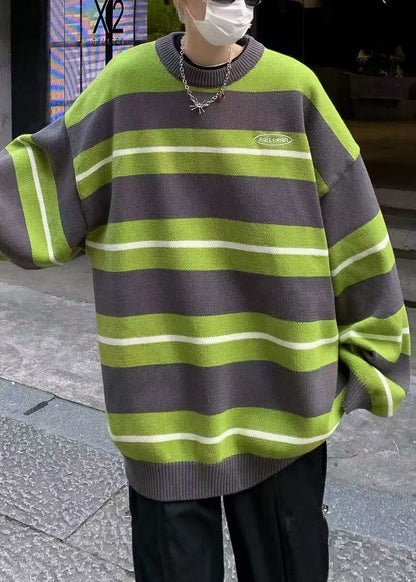 New Green O Neck Striped Knit Sweaters Winter