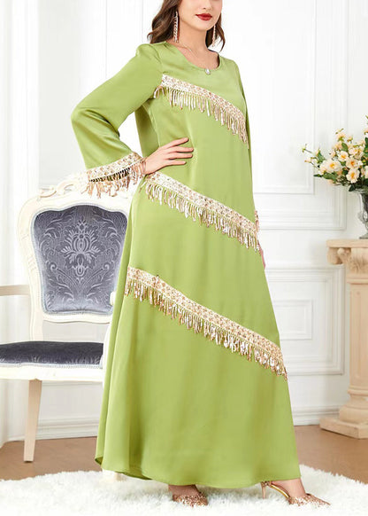 New Green O-neck Tasseled Cotton Long Dress Spring