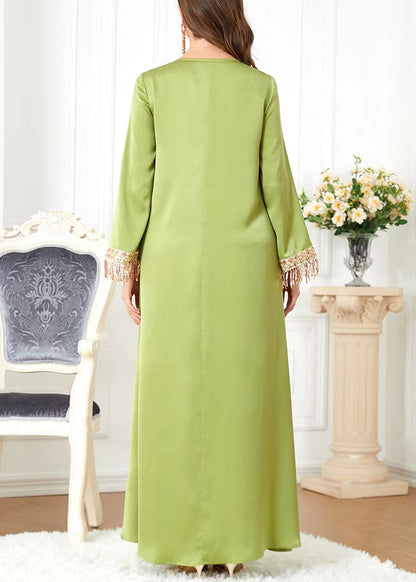 New Green O-neck Tasseled Cotton Long Dress Spring