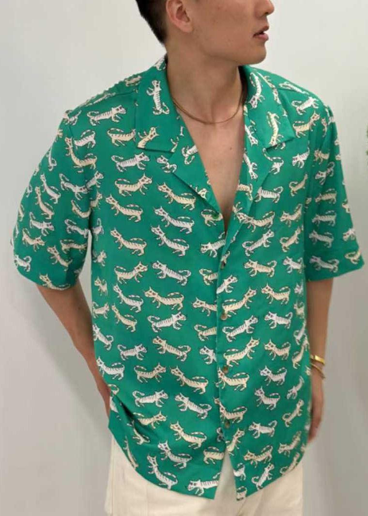 New Green Peter Pan Collar Print Cotton Shirt Summer