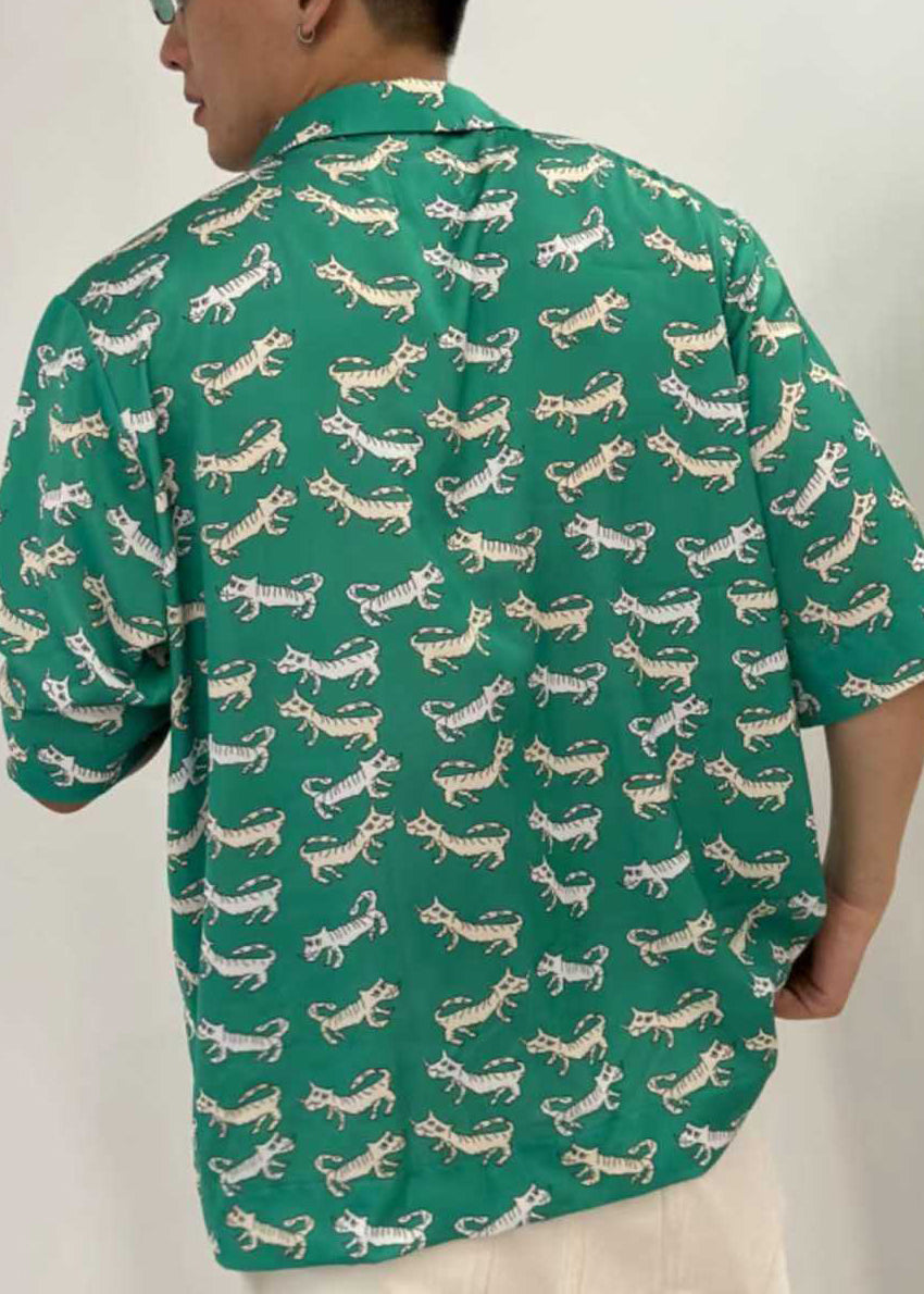New Green Peter Pan Collar Print Cotton Shirt Summer