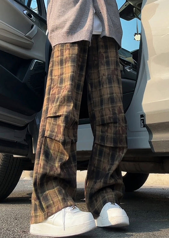 New Green Plaid Elastic Waist Cotton Pants Summer