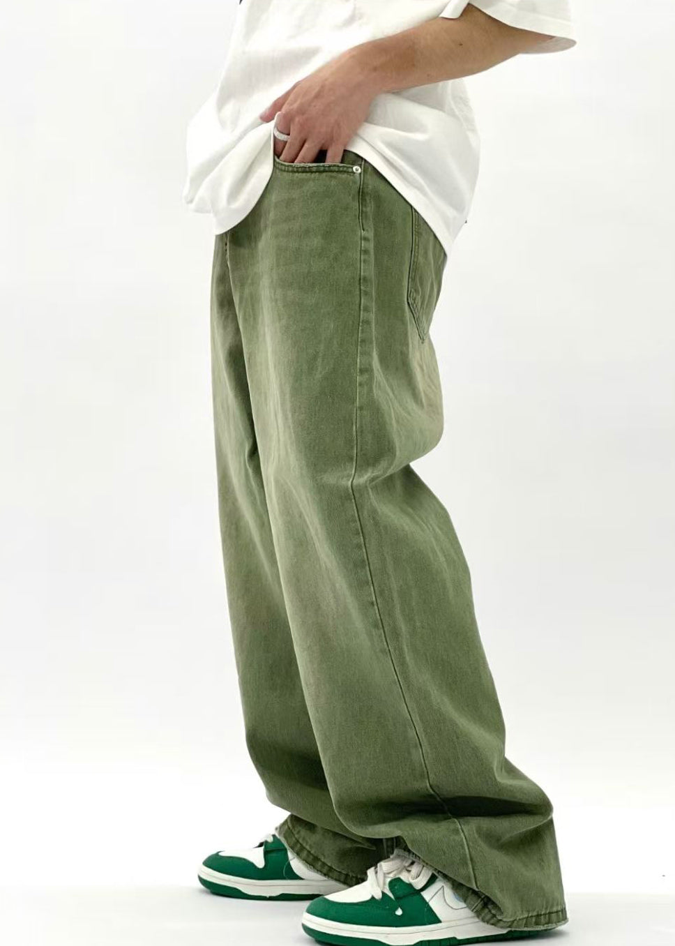 New Green Pockets High Waist Denim Pants Summer