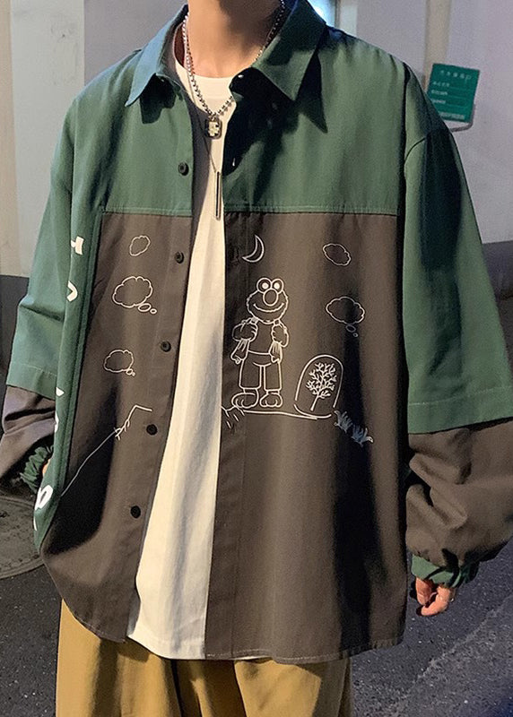 New Green Print Button Patchwork Cotton Shirts Spring