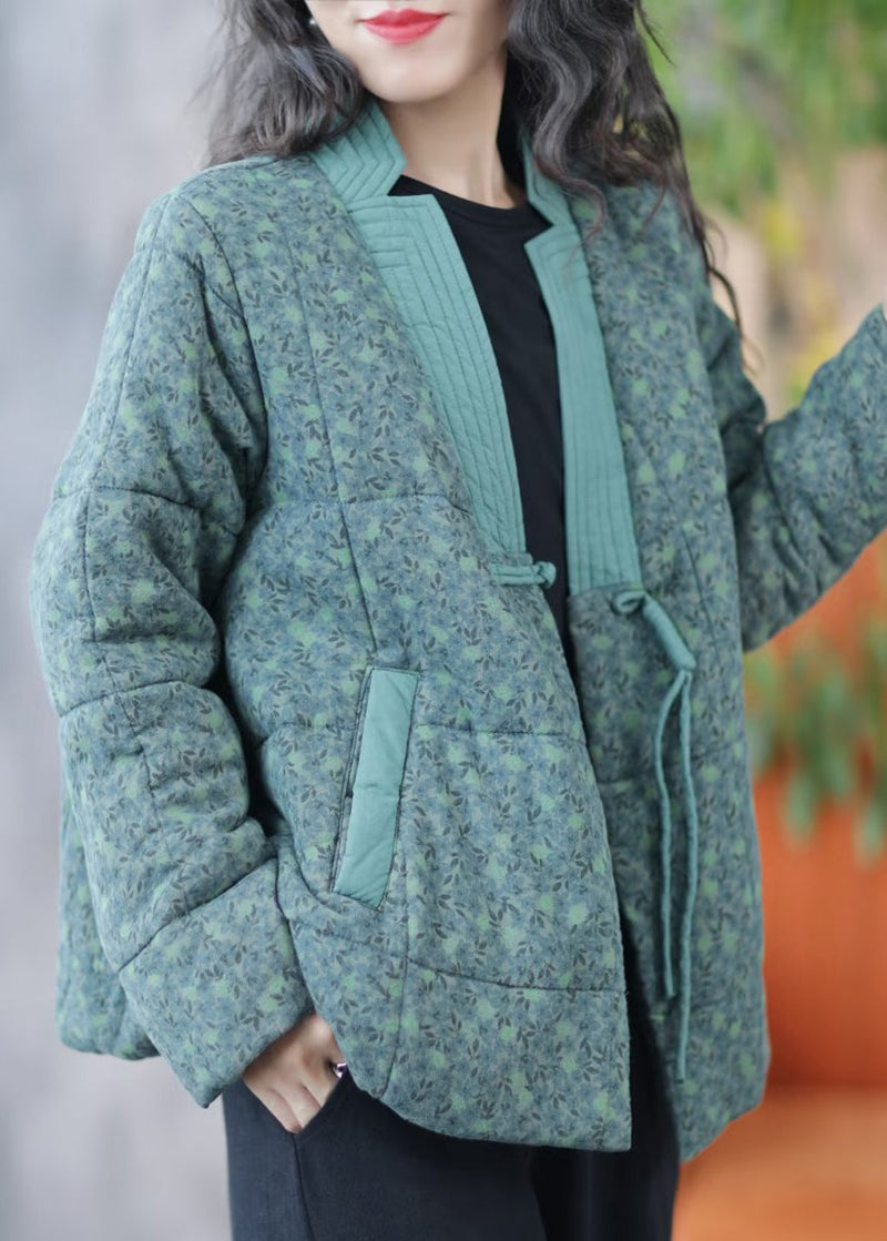 New Green Print Button Pockets Fine Cotton Parka