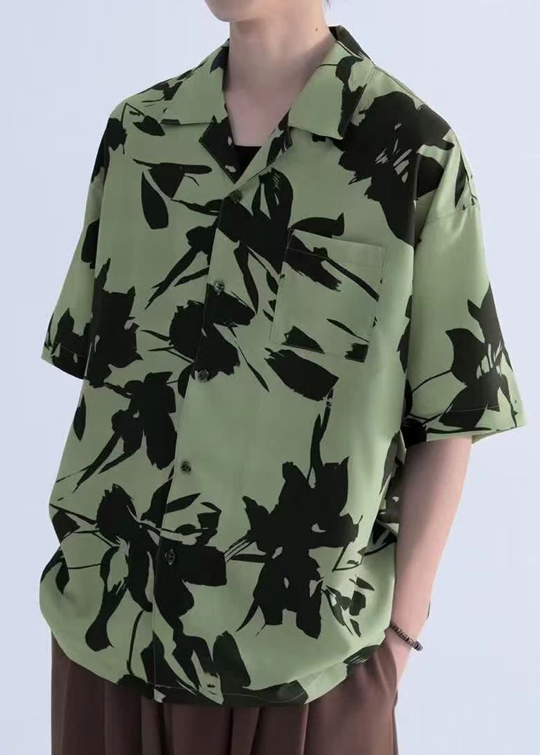 New Green Print Pockets Cotton Shirts Summer