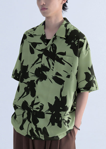 New Green Print Pockets Cotton Shirts Summer