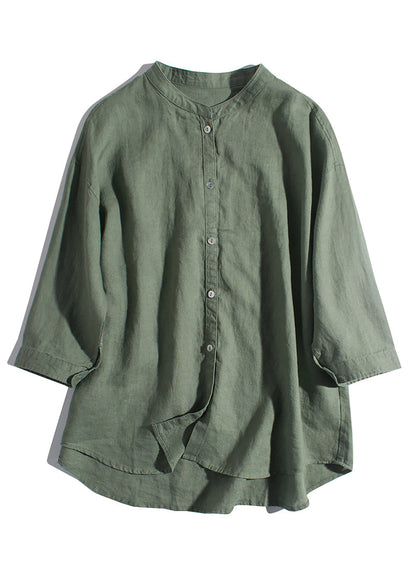 New Green Button Pockets Linen Shirts Summer