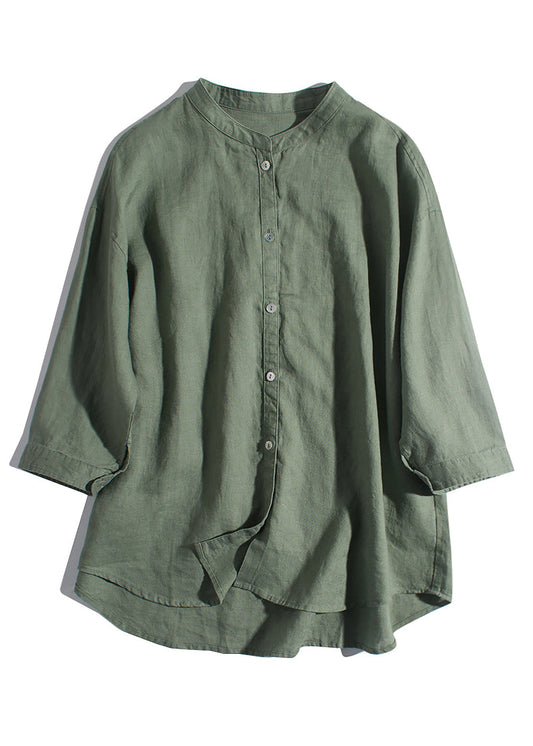 New Green Button Pockets Linen Shirts Summer