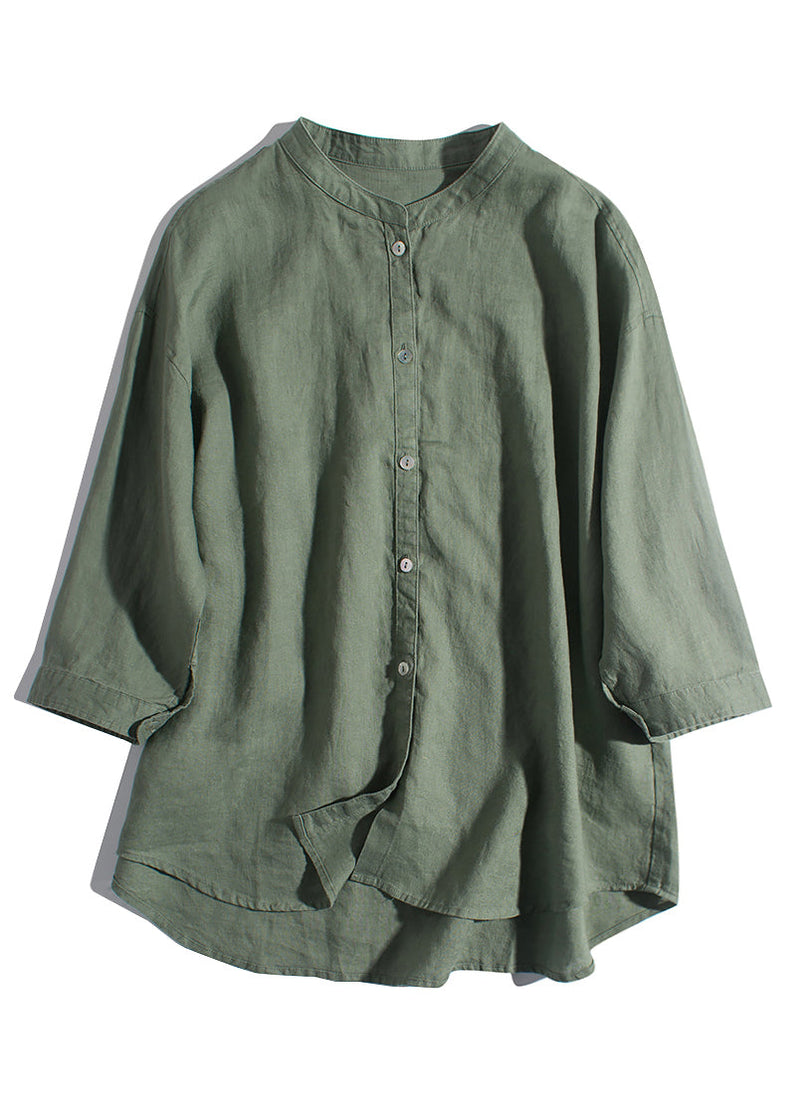 New Green Button Pockets Linen Shirts Summer