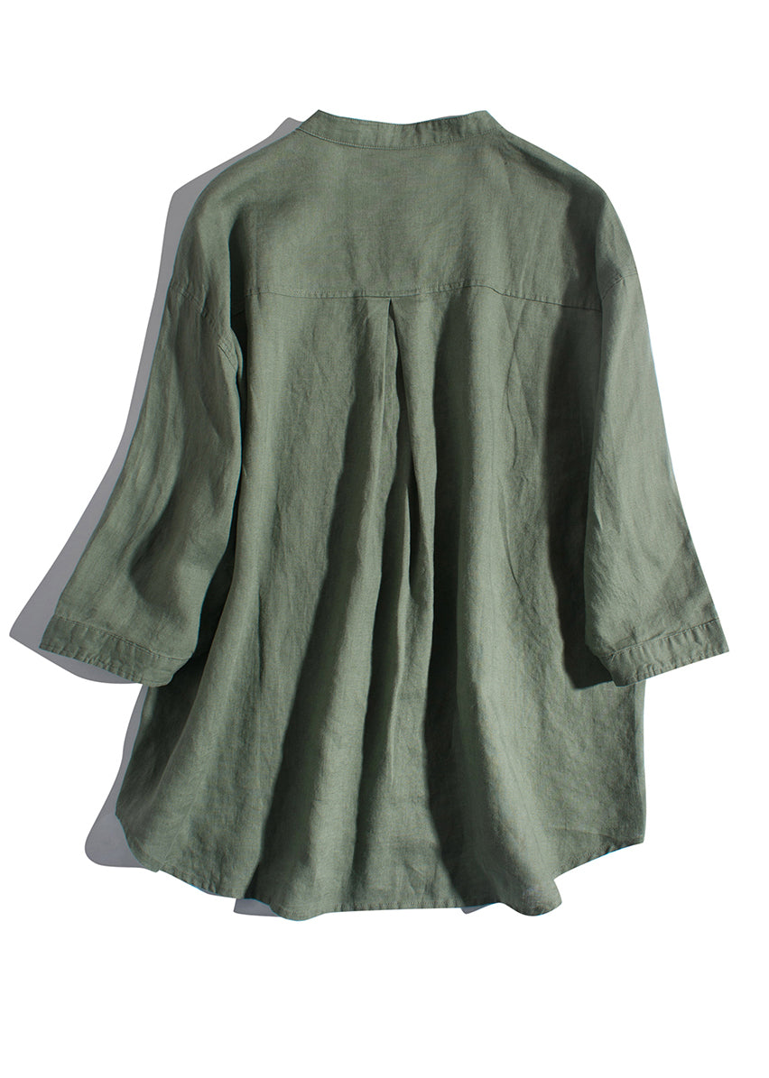 New Green Button Pockets Linen Shirts Summer