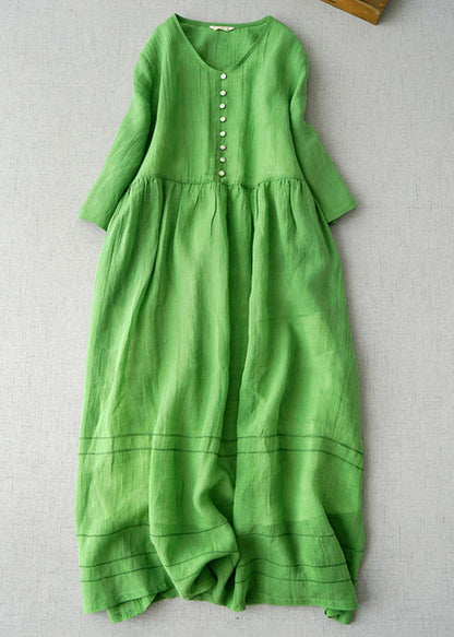 New Green V Neck Linen Long Dress Bracelet Sleeve