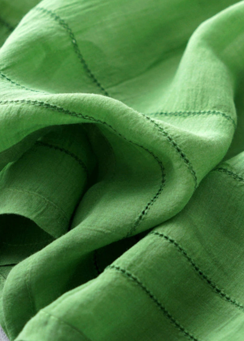 New Green V Neck Linen Long Dress Bracelet Sleeve